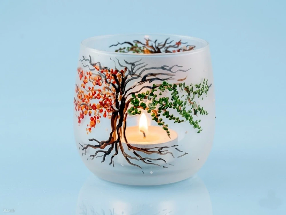 Skleněný malovaný svícen STROM ŽIVOTA
